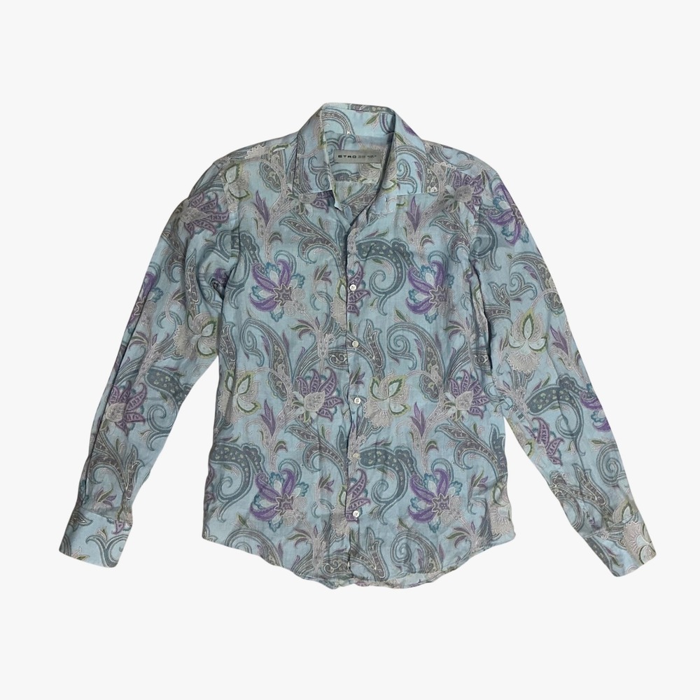 Etro Printed Dress Shirt Size 39 Blue Button Down Mens